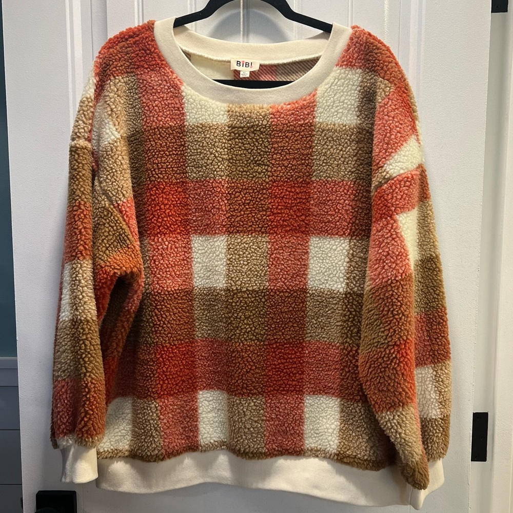 BiBi Plaid Teddy Bear Fleece Crewneck Sweatshirt. Size XL. - Picture 2 of 12